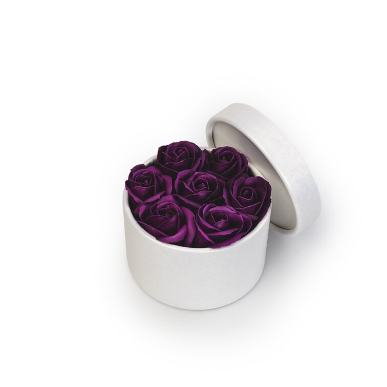 Mýdlové růže ve flower boxu - tmavě fialové růže