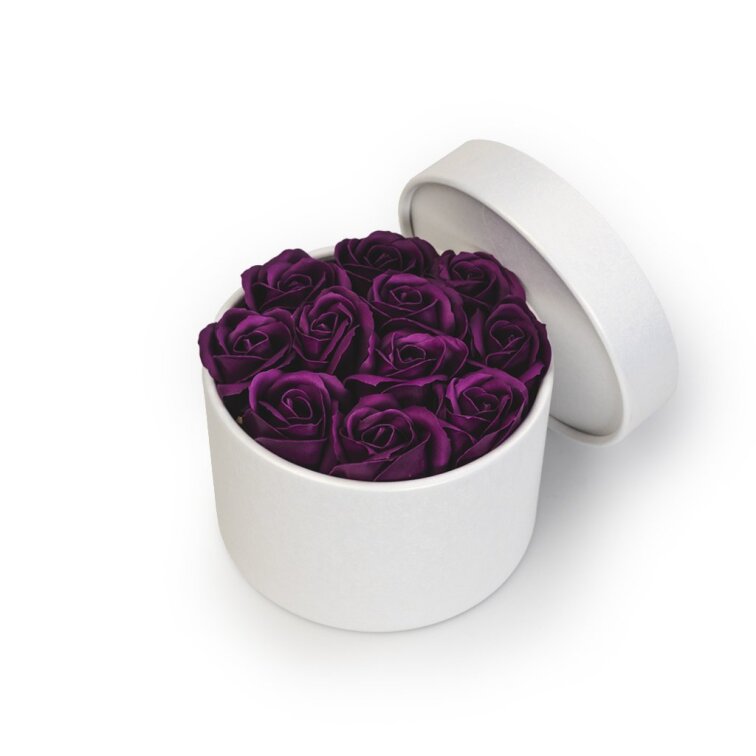 Mýdlové růže ve flower boxu - tmavě fialové růže