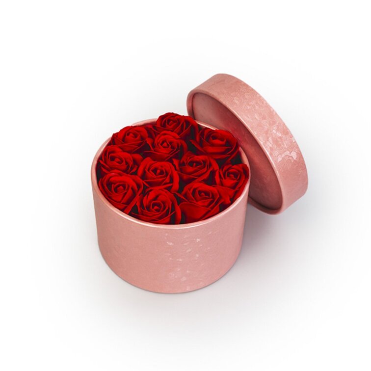 Mýdlové růže v růžovém flower boxu - červené růže
