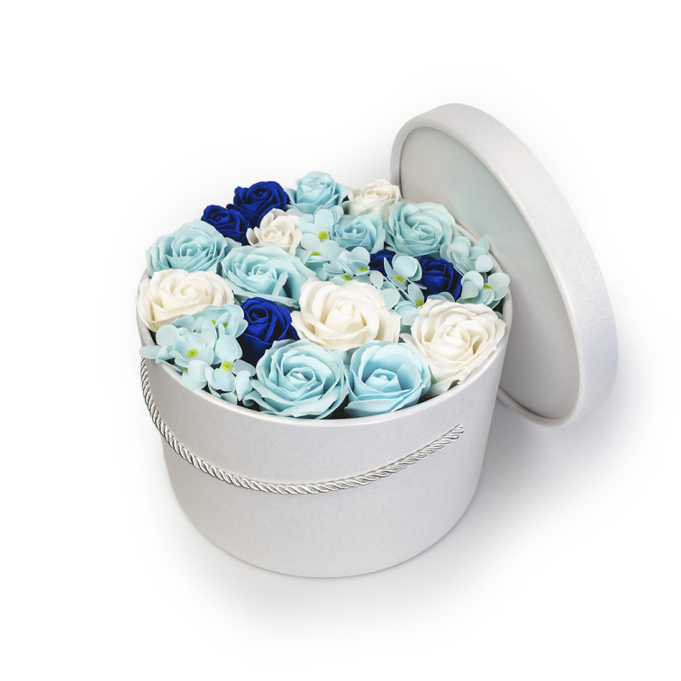 Modré mýdlové květy - bílá krabička