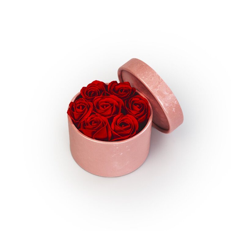 Mýdlové růže v růžovém flower boxu - červené růže