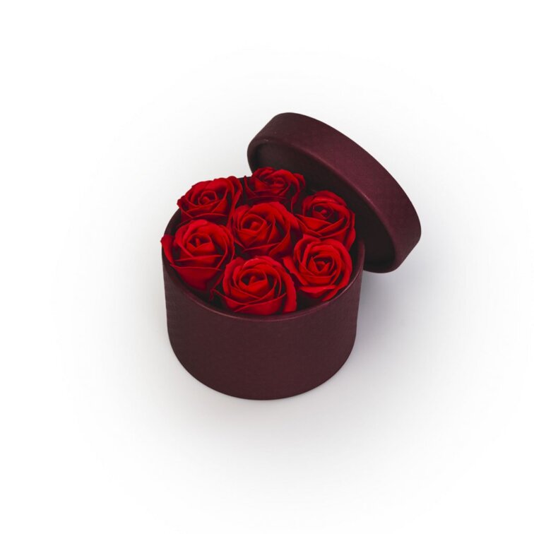 Mýdlové růže v bordó flower boxu - červené růže