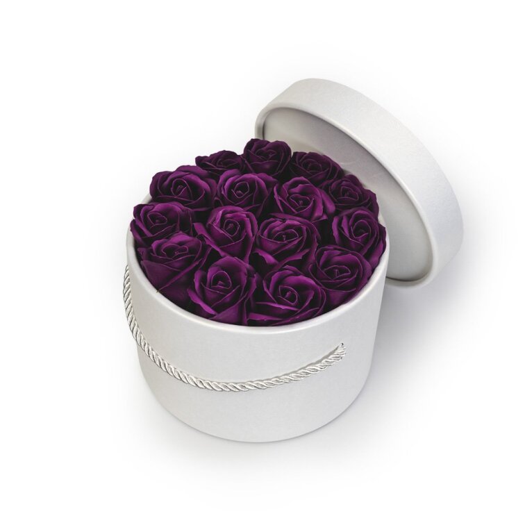 Mýdlové růže ve flower boxu - tmavě fialové růže