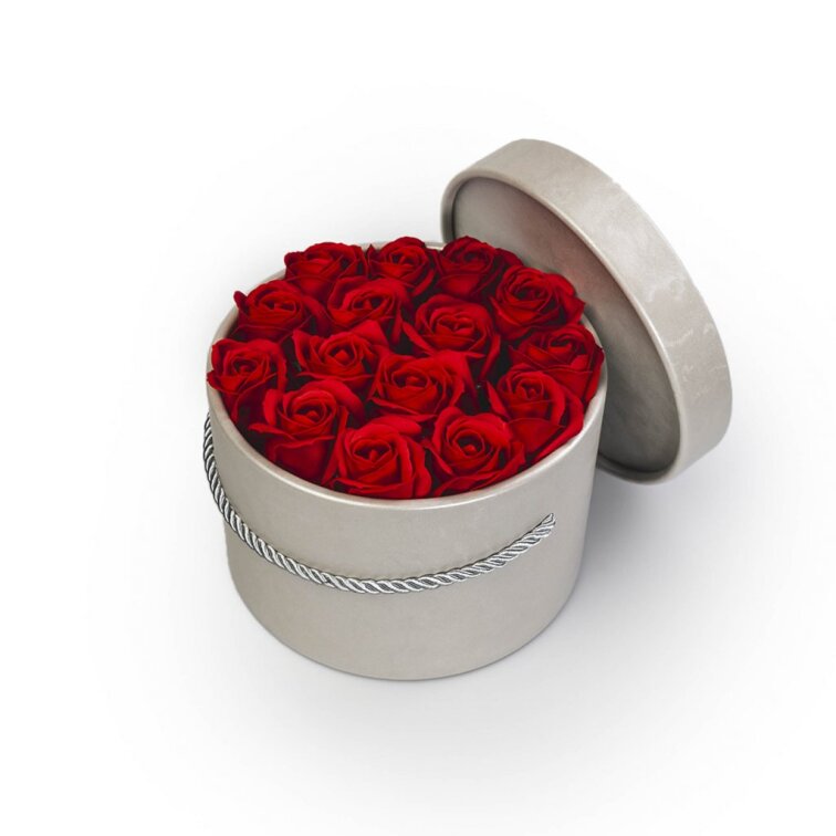 Mýdlové růže ve stříbrném flower boxu - červené růže