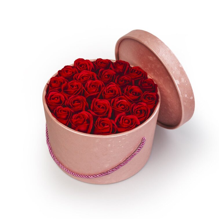 Mýdlové růže v růžovém flower boxu - červené růže