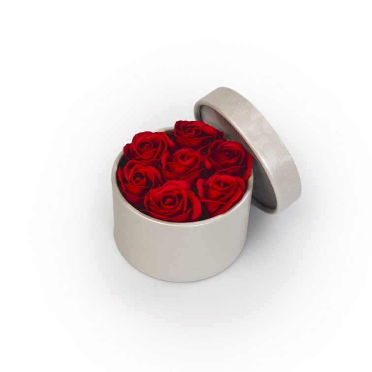 Mýdlové růže ve stříbrném flower boxu - červené růže