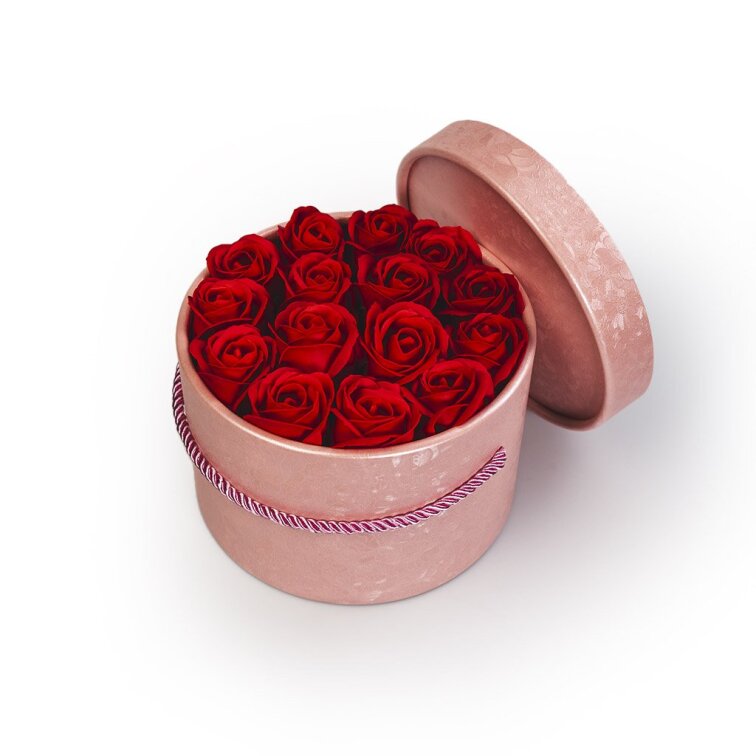 Mýdlové růže v růžovém flower boxu - červené růže