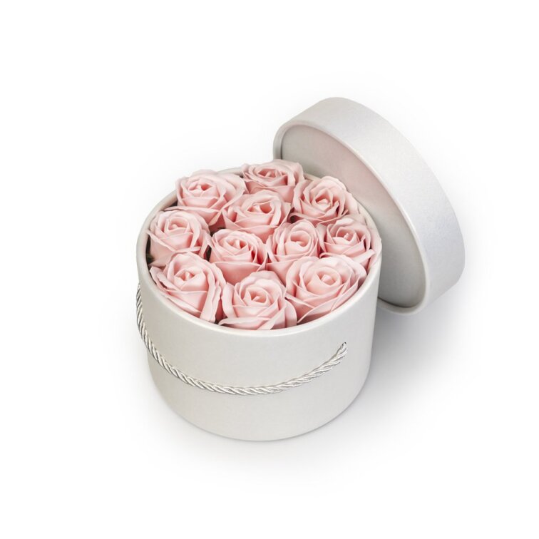 Mýdlové růže ve flower boxu - pastelově růžové růže