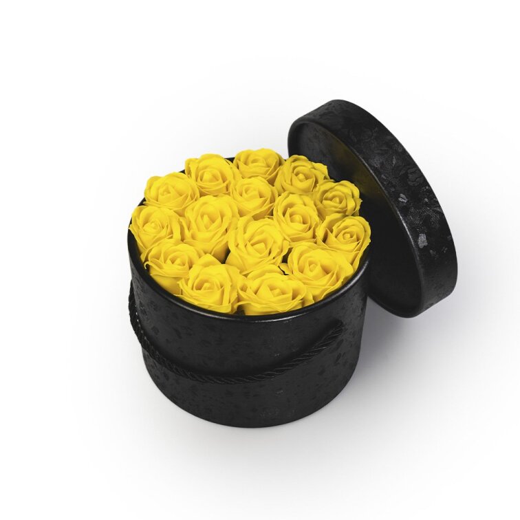 Mýdlové růže ve flower boxu černém - žluté růže