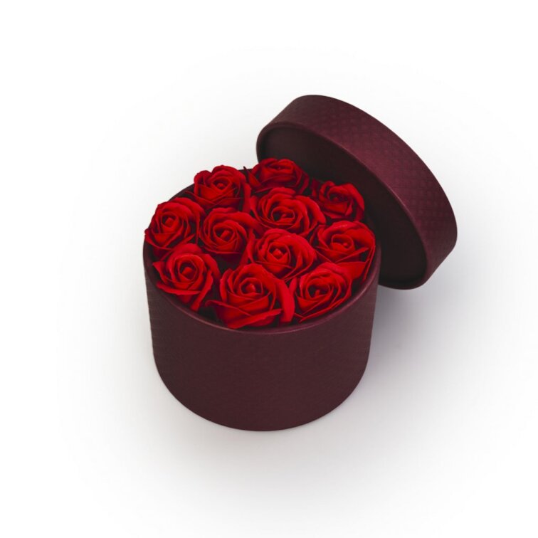 Mýdlové růže v bordó flower boxu - červené růže