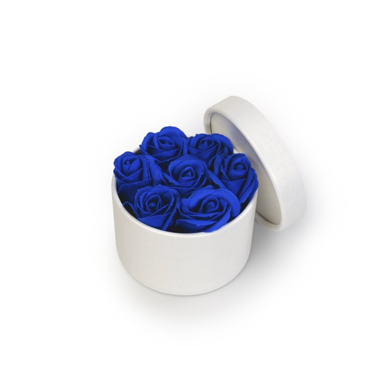 Mýdlové růže ve flower boxu - královsky modré růže
