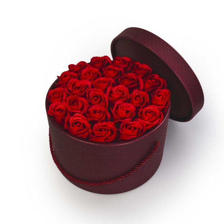 Mýdlové růže v bordó flower boxu - červené růže