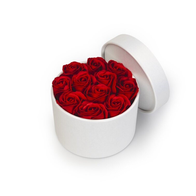 Mýdlové růže ve flower boxu - červené růže