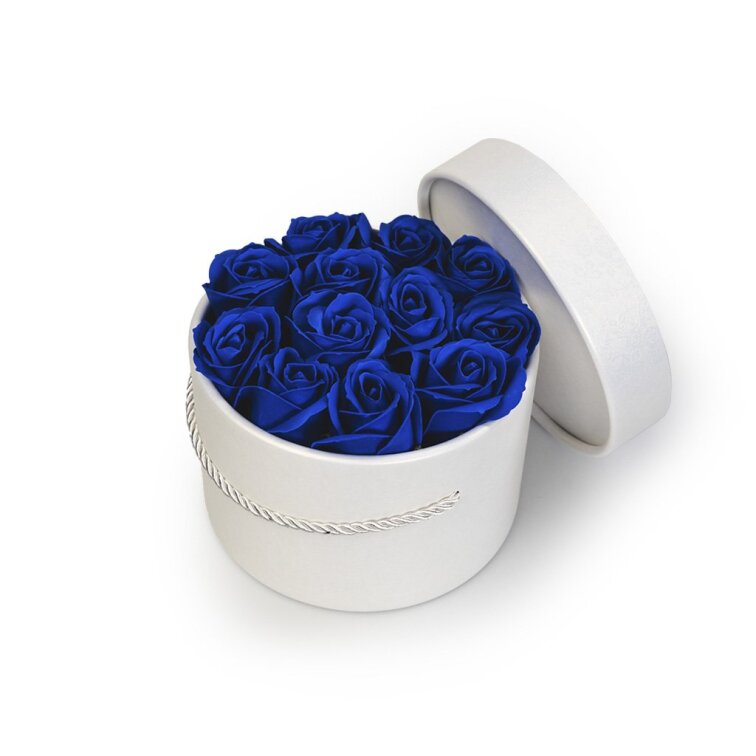 Mýdlové růže ve flower boxu - královsky modré růže