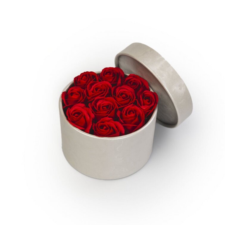Mýdlové růže ve stříbrném flower boxu - červené růže