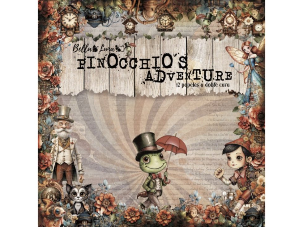 Sada papírů Bellaluna PINOCCHIO´S ADVENTURE pozadí Pinocchiova dobrodružství 20x20cm 12ks
