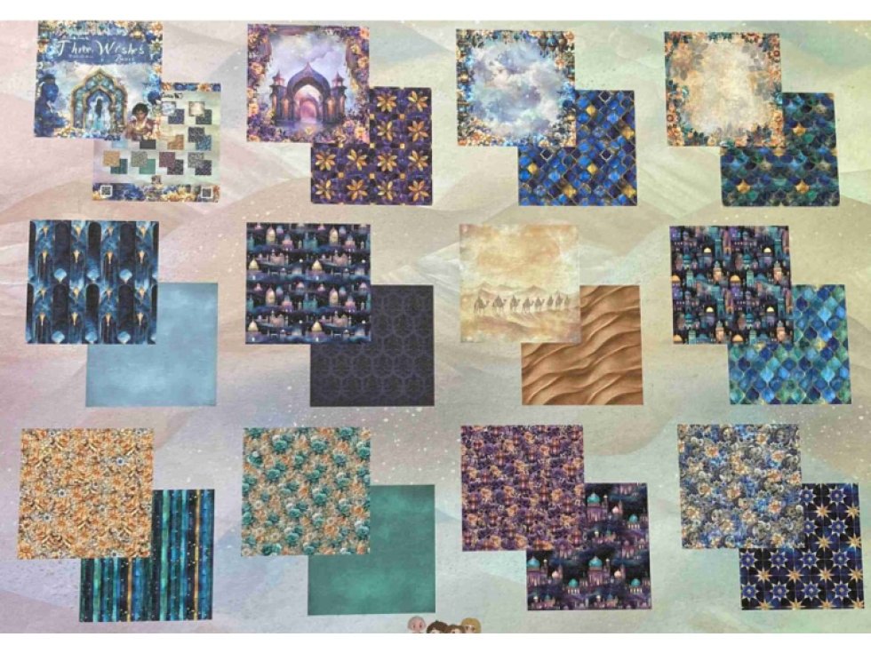 Sada papírů Bellaluna THREE WISHES Aladin tři přání pozadí 20x20cm 12ks