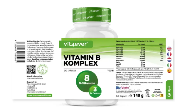 Vit4ever Vitamín B komplex, všetkých 8 vitamínov B + 3 kofaktory, 240 kapsúl