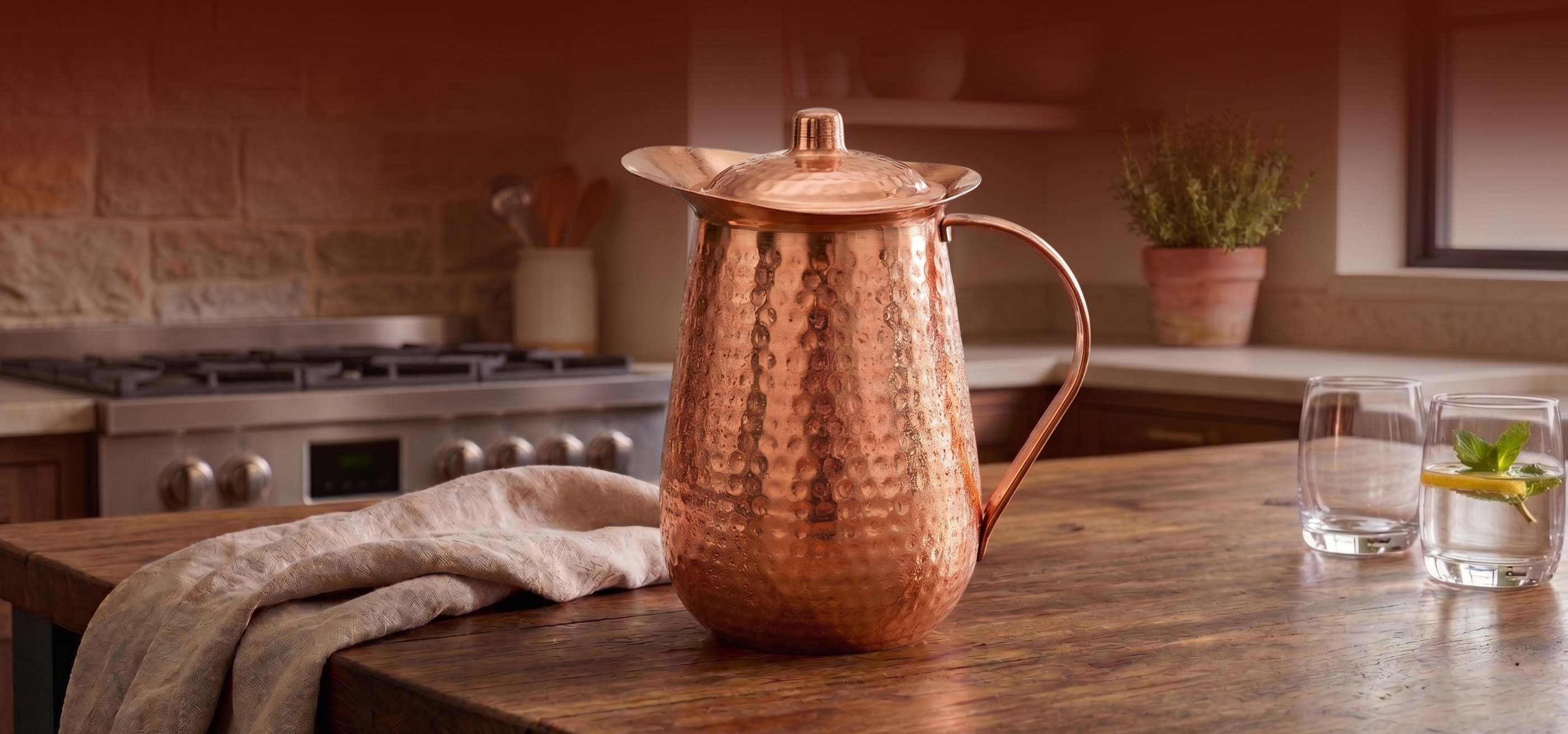Medená kanvička s vrchnákom tepaná, 2,3 l, Nature's Own