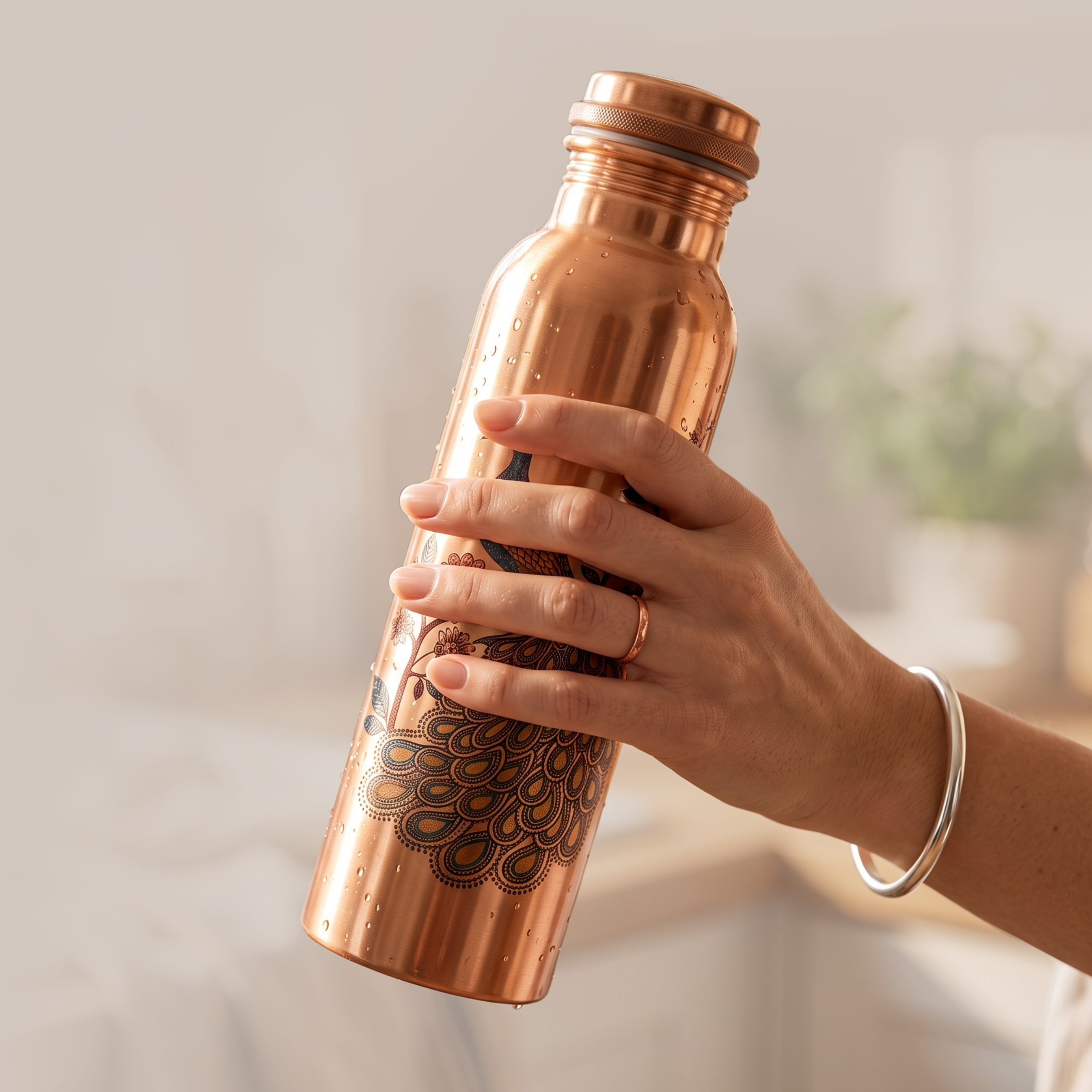 Medená fľaša na vodu vzor Páv, 950 ml, Nature's Own