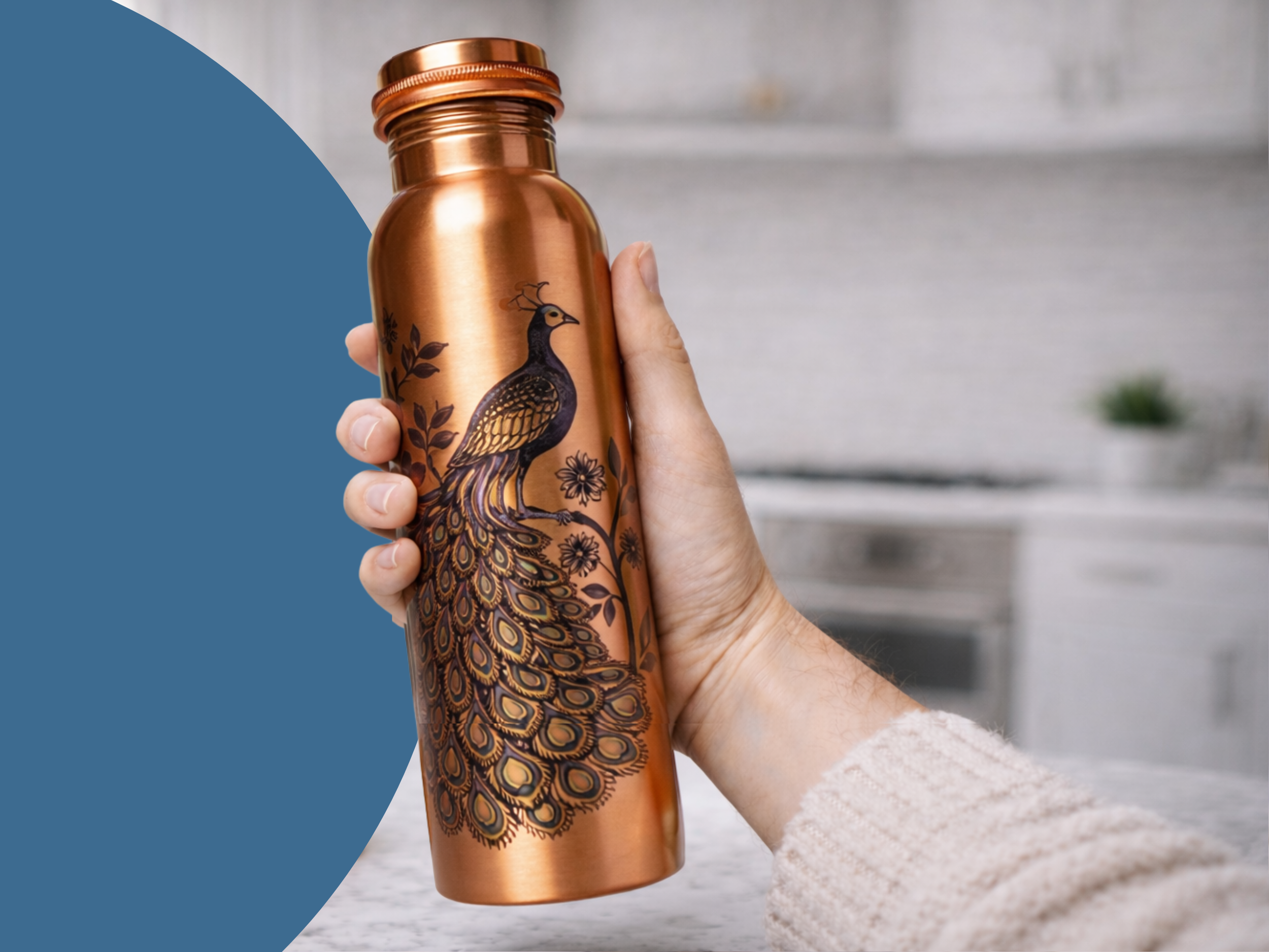 Měděná láhev na vodu vzor Páv, 950 ml, Nature's Own