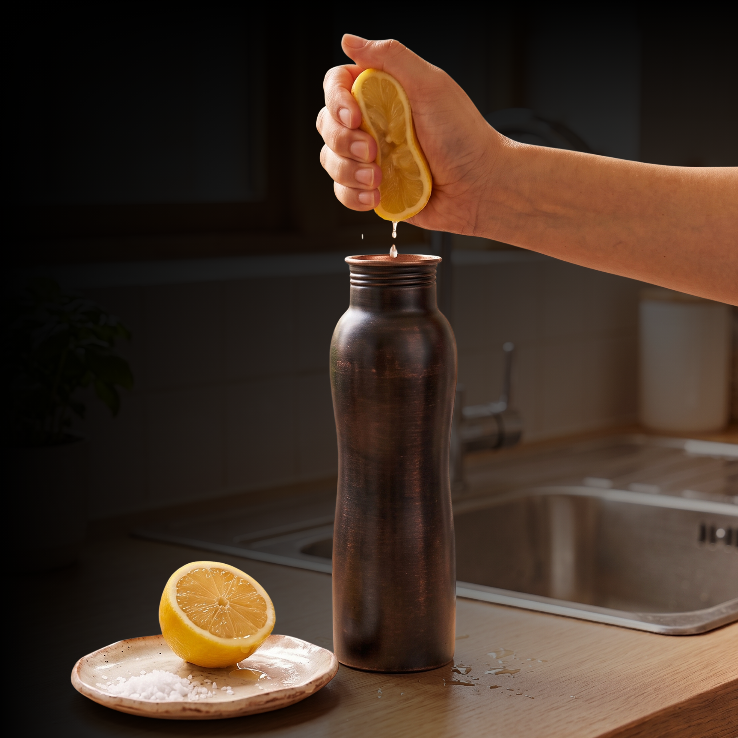 Medená fľaša na vodu zaoblená Čierna, 950 ml, Nature's Own