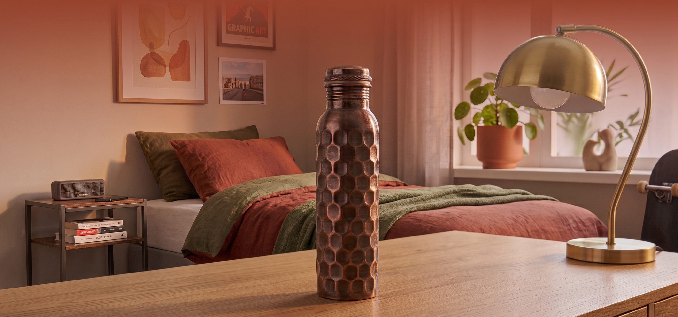 Medená fľaša na vodu vzor Starožitný Diamant, 950 ml, Nature's Own