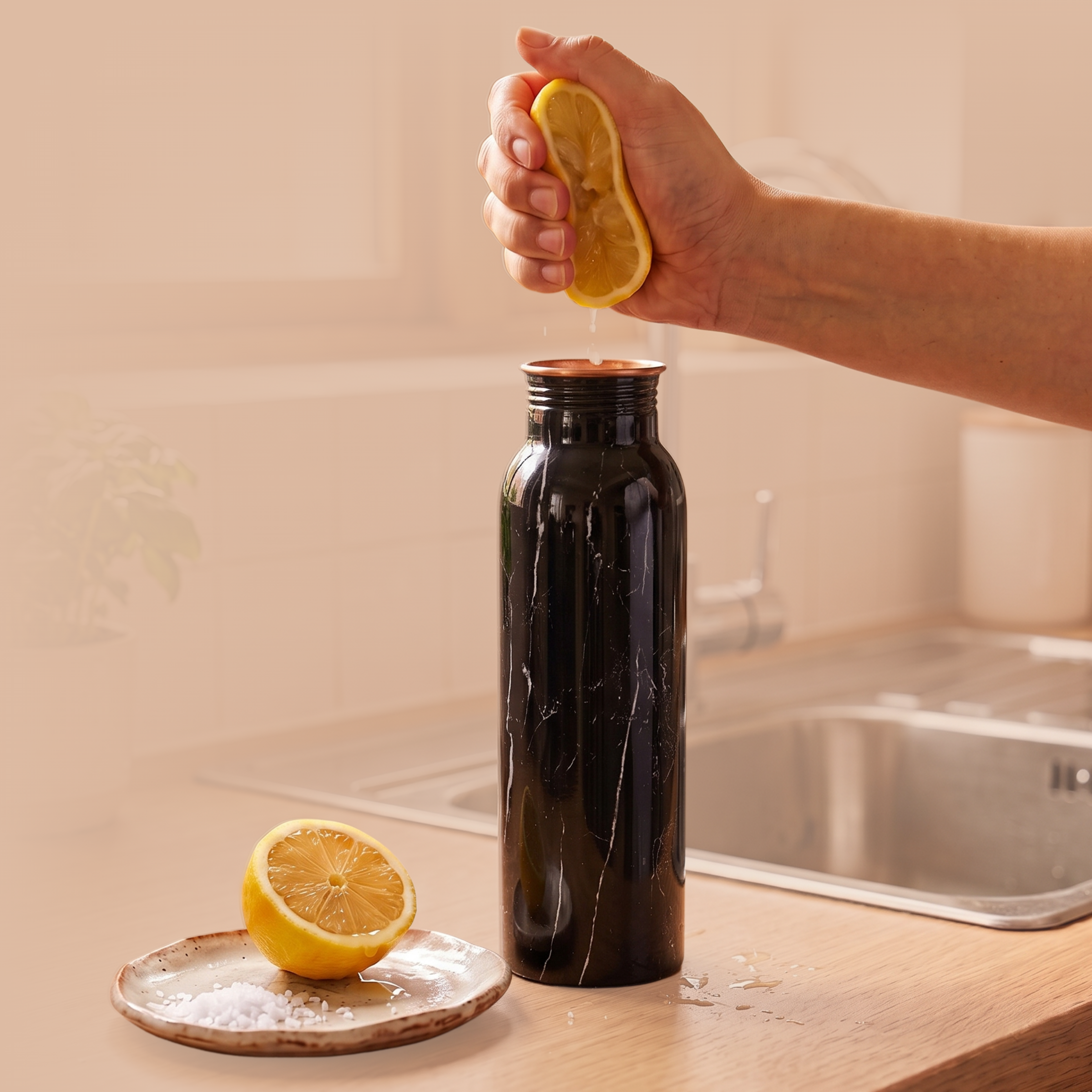 Medená fľaša na vodu vzor Čierny mramor, 950 ml, Nature's Own
