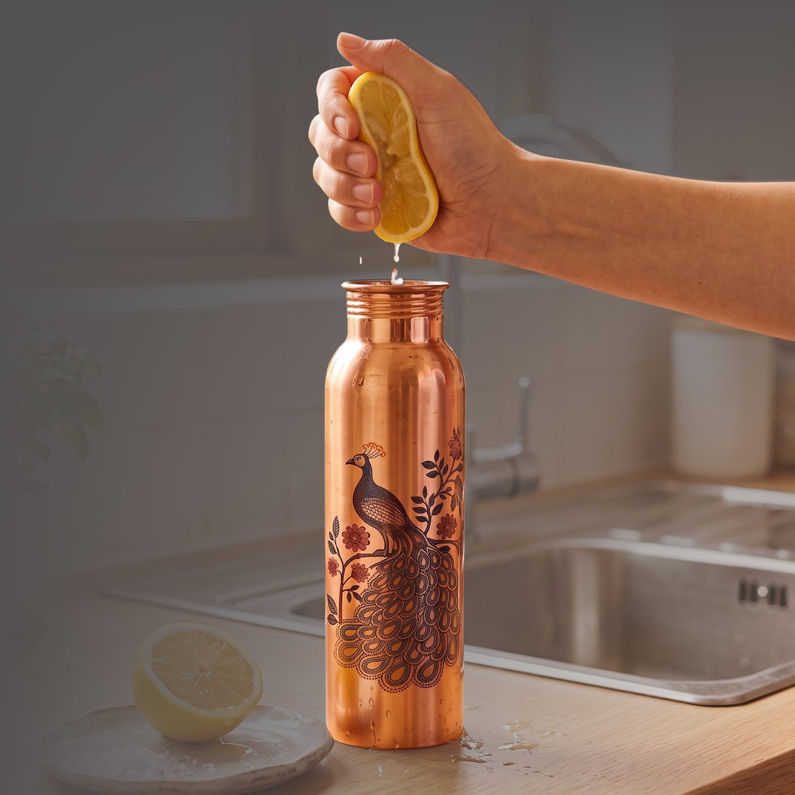Medená fľaša na vodu vzor Páv, 950 ml, Nature's Own