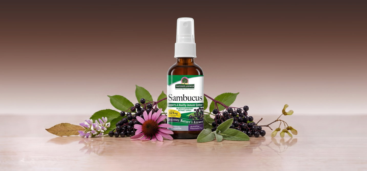 Bez černý, Jilm, Echinacea, Kozinec, Šalvěj, Propolis, bylinný sprej, 60 ml, Nature's Answer