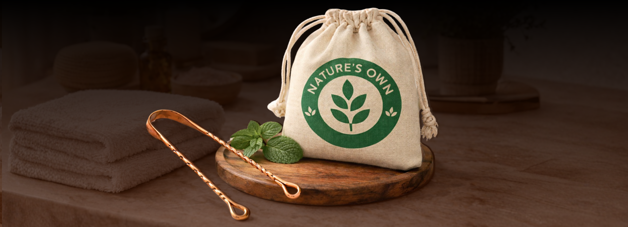 Škrabka na jazyk měděná s točenými držátky, 1 ks, Nature's Own