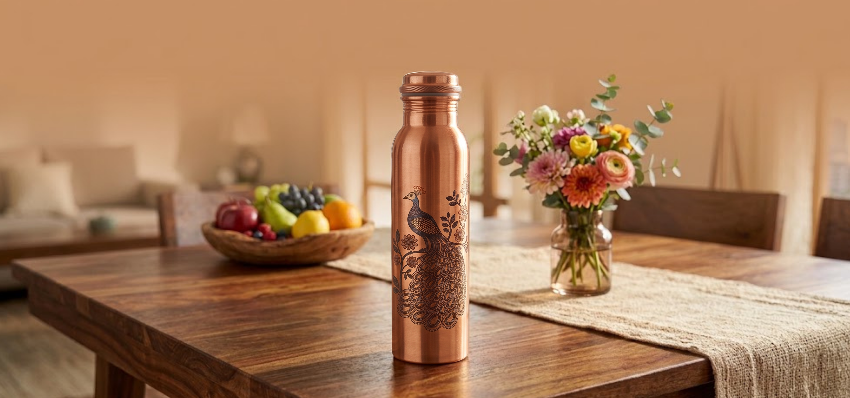 Medená fľaša na vodu vzor Páv, 950 ml, Nature's Own