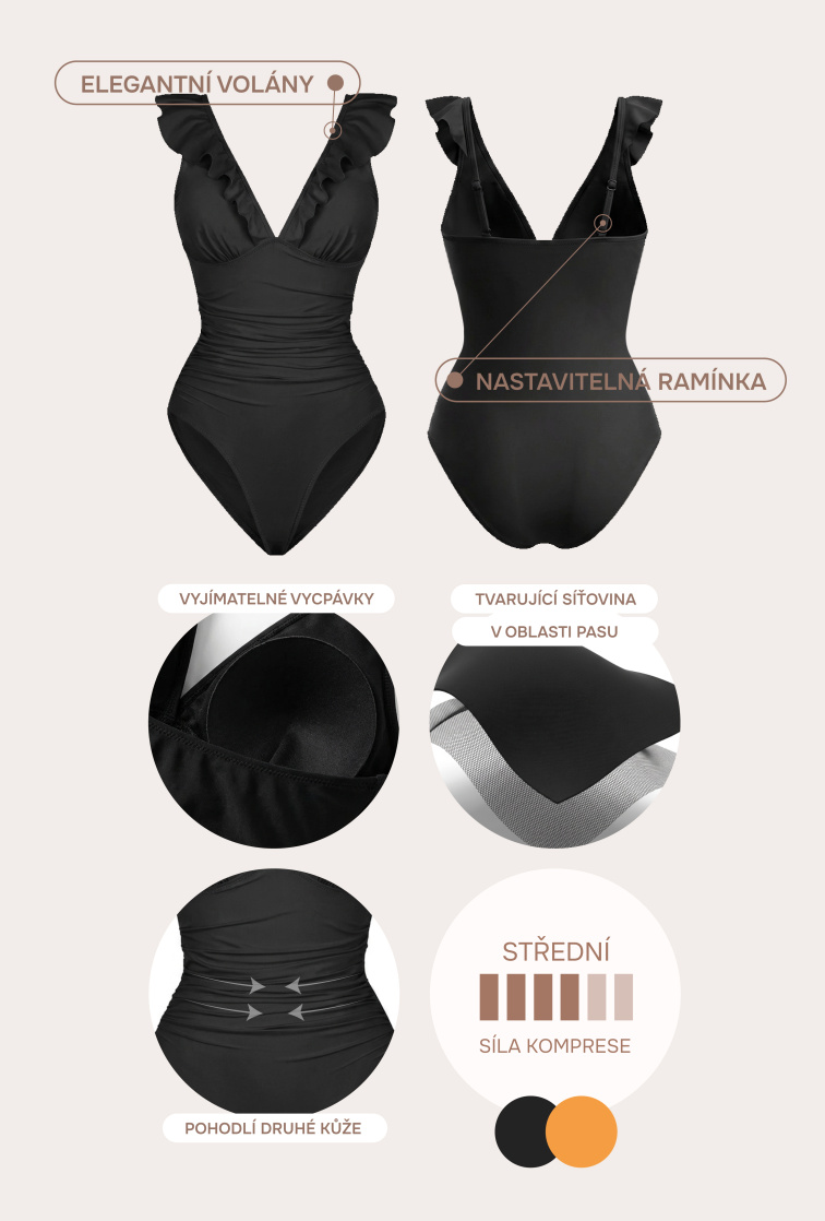 Tvarující jednodílné plavky s volánky, ČERNÉ