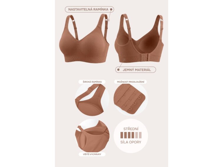 Bezešvá formující podprsenka bez kostic se širokými ramínky, SVĚTLE HNĚDÁ