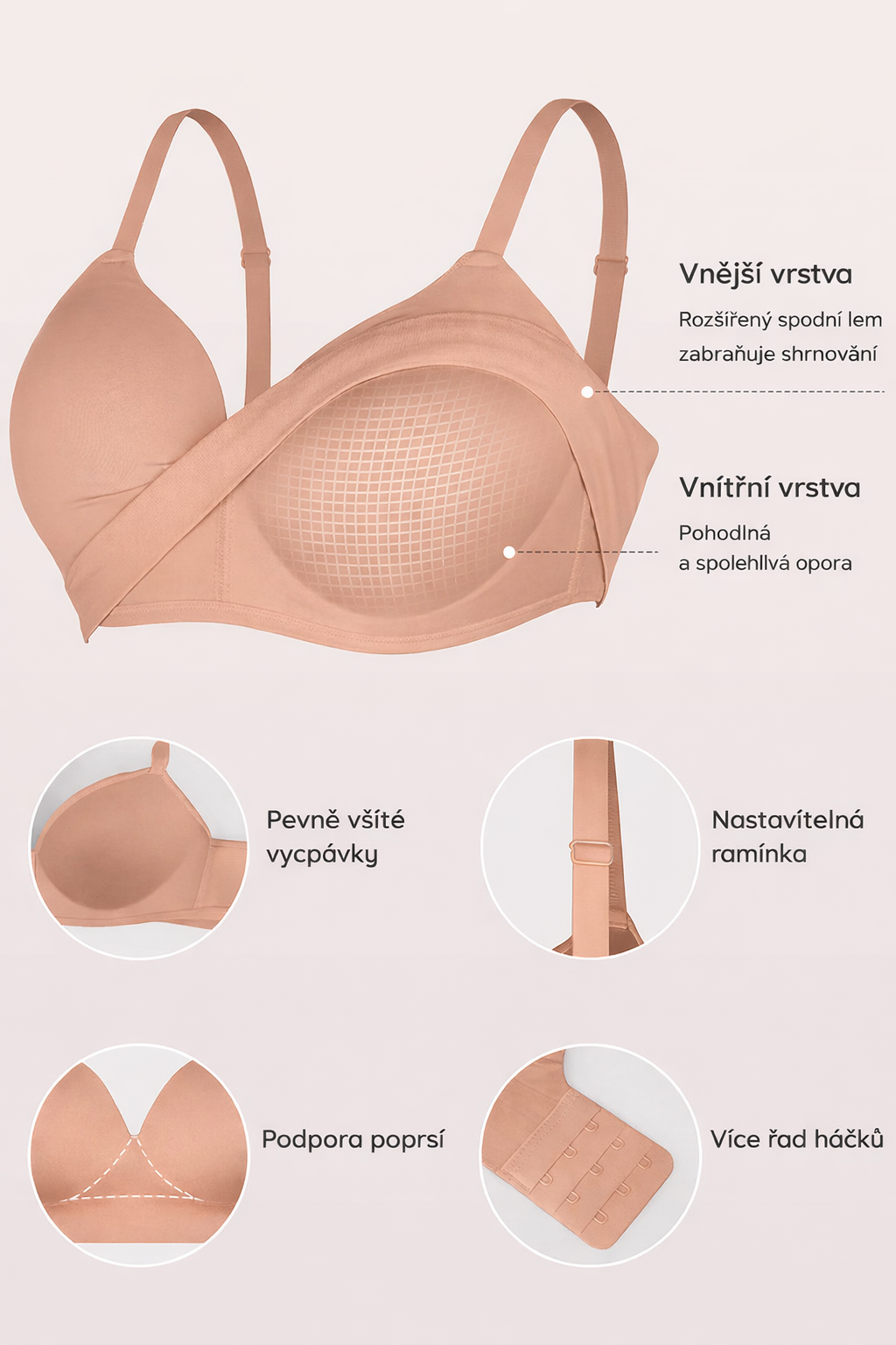 Bezešvá formující podprsenka bez kostic, TMAVÁ NUDE