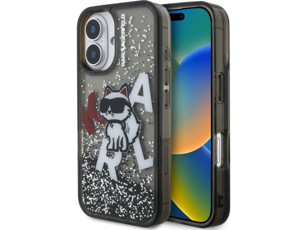 Ochranný kryt na iPhone 16 - Karl Lagerfeld, Liquid Glitter Scattered Black KLHCP16SLCHSCTDK