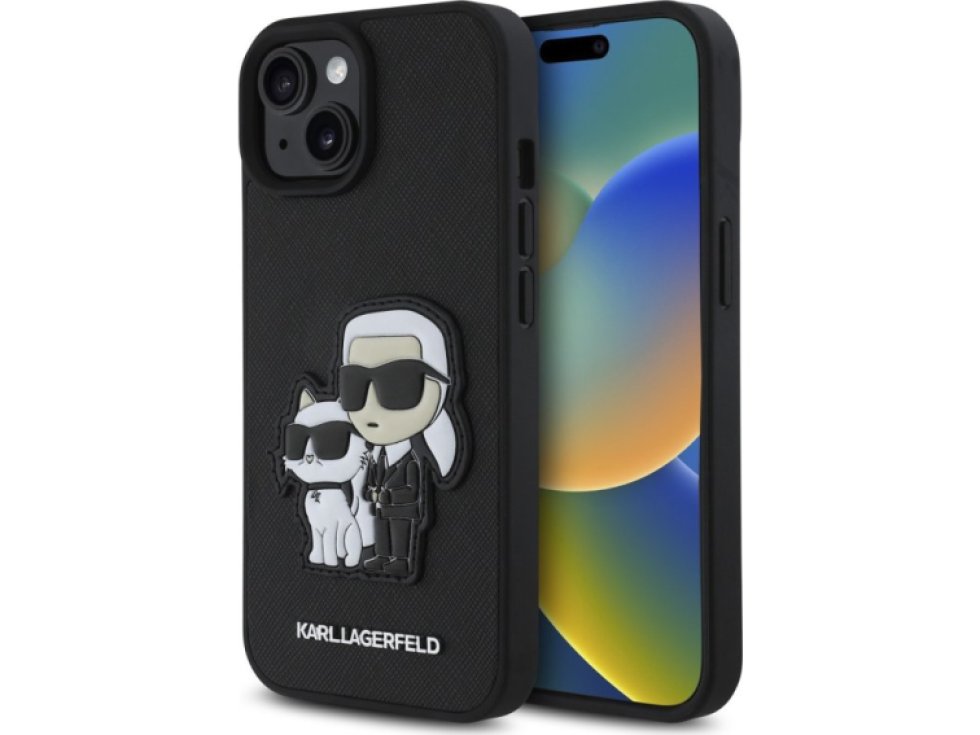 Ochranný kryt na iPhone 15 - Karl Lagerfeld, Saffiano Karl and Choupette Black KLHCP15SSANKCPK