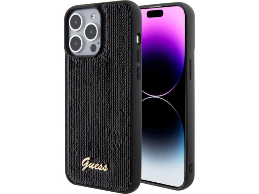 Ochranný kryt na iPhone 15 Pro MAX - Guess, Sequin Script Logo Black GUHCP15XPSFDGSK