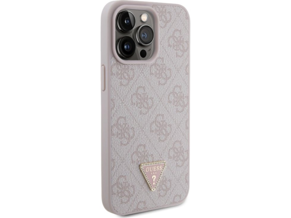 Ochranný kryt na iPhone 15 Pro MAX - Guess, 4G Strass Triangle Metal Logo Pink GUHCP15XP4TDPP