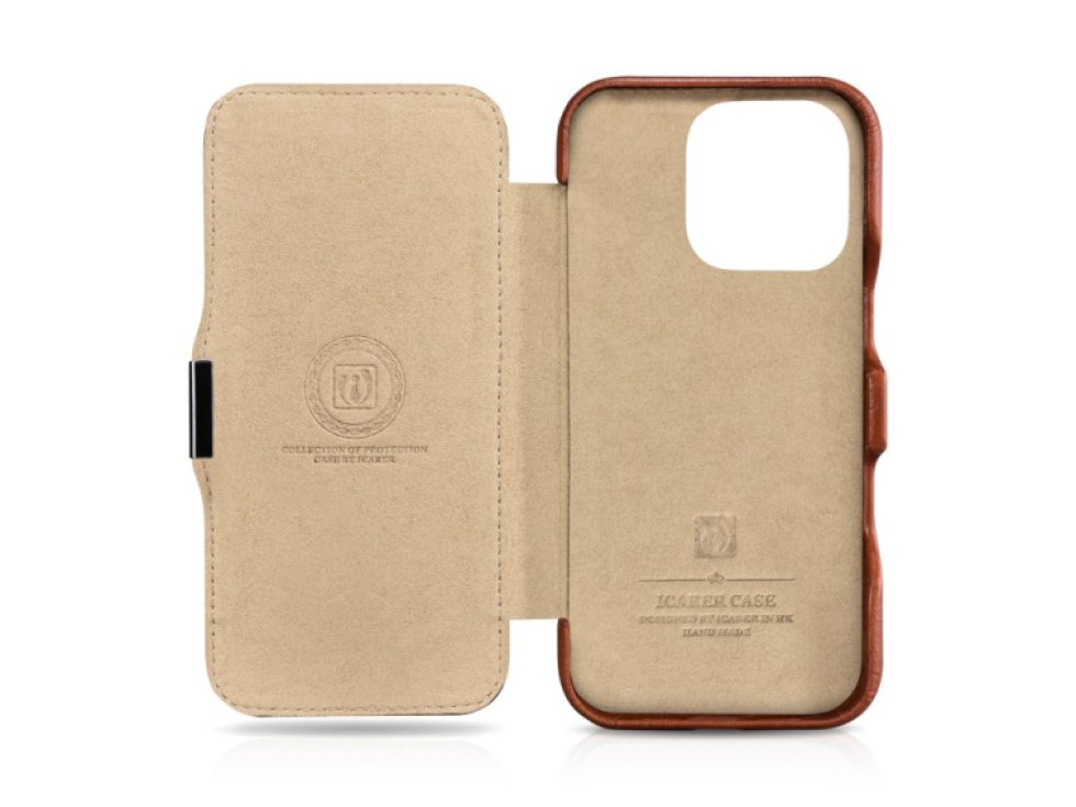 Knížkové pouzdro na iPhone 16 Pro - iCarer, Oil Wax Real Leather MagSafe Brown WMI16250502-BN