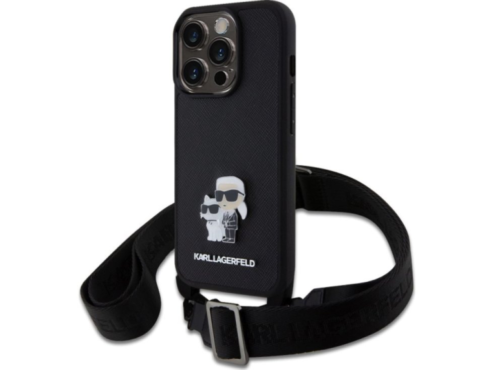 Ochranný kryt s crossbody popruhem pro iPhone 15 Pro - Karl Lagerfeld, Saffiano Metal Karl and Choupette Black KLHCP15LSAKCPBK