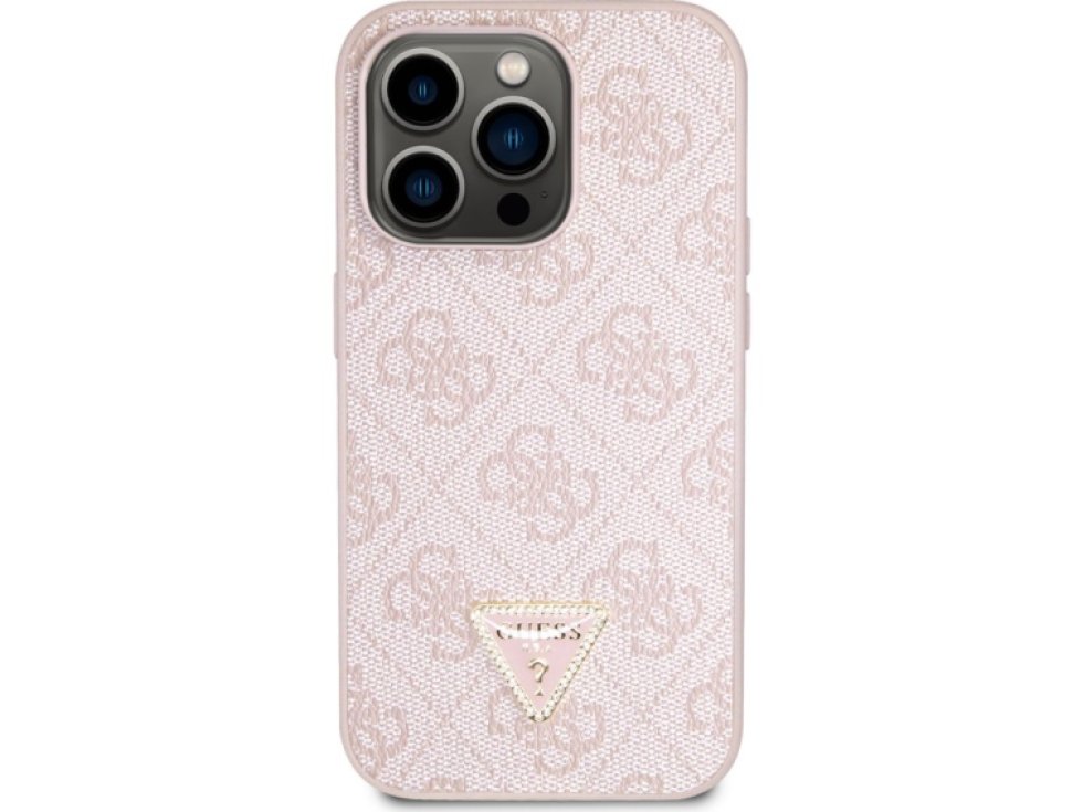 Ochranný kryt na iPhone 15 Pro - Guess, 4G Strass Triangle Metal Logo Pink GUHCP15LP4TDPP