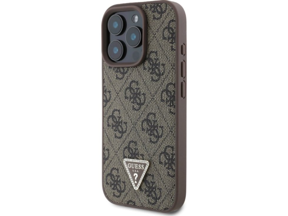 Ochranný kryt na iPhone 16 Pro - Guess, 4G Strass Triangle Brown GUHCP16LP4TDPW