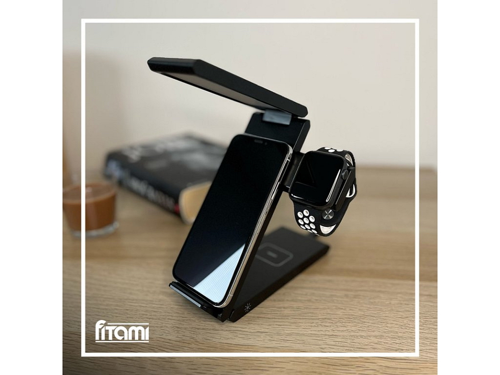 Bezdrátová nabíječka s LED lampičkou 3v1 - Černá