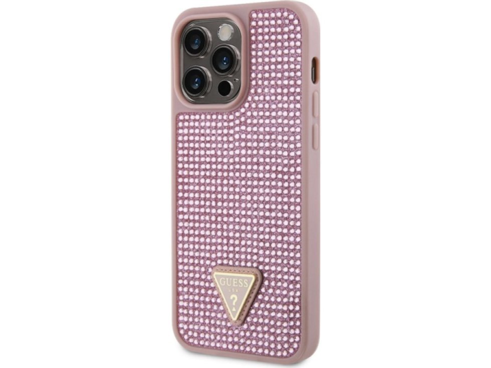 Ochranný kryt pro iPhone 14 Pro MAX - Guess, Rhinestones Triangle Metal Logo Pink GUHCP14XHDGTPP