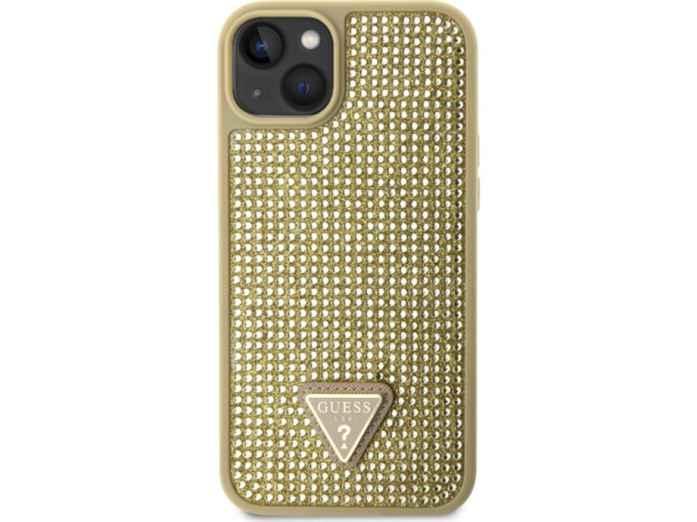 Ochranný kryt pro iPhone 14 - Guess, Rhinestones Triangle Metal Logo Gold GUHCP14SHDGTPD