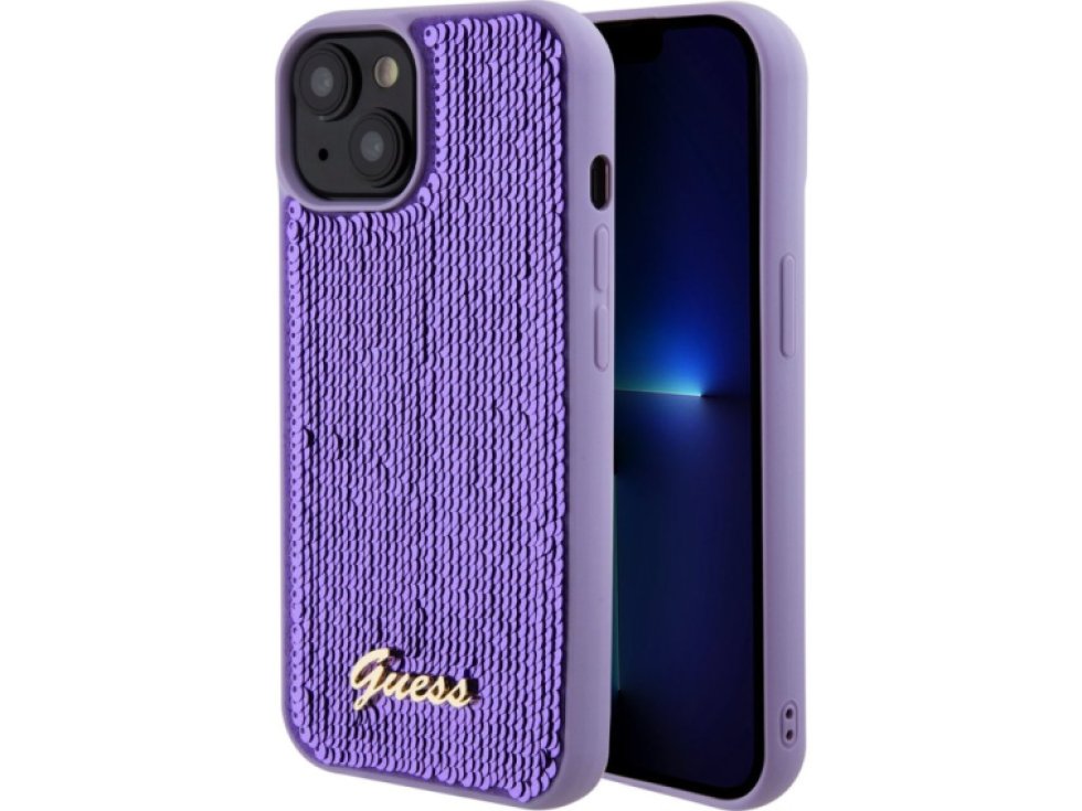 Ochranný kryt na iPhone 15 - Guess, Sequin Script Logo Purple GUHCP15SPSFDGSU