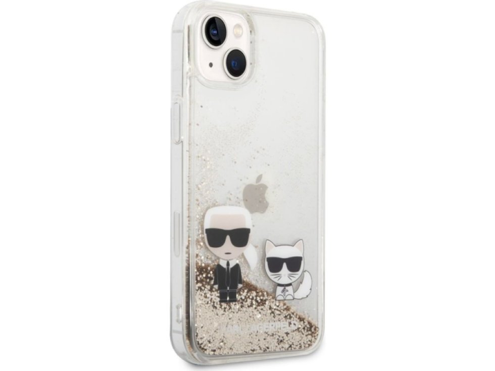 Ochranný kryt pro iPhone 14 PLUS - Karl Lagerfeld, Liquid Glitter Karl and Choupette Gold KLHCP14MGKCD