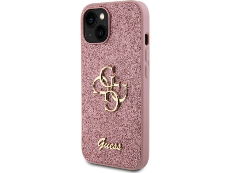 Ochranný kryt na iPhone 15 - Guess, Fixed Glitter 4G Metal Logo Pink GUHCP15SHG4SGP