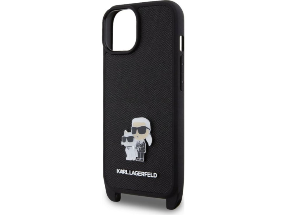 Ochranný kryt s crossbody popruhem pro iPhone 15 - Karl Lagerfeld, Saffiano Metal Karl and Choupette Black KLHCP15SSAKCPBK